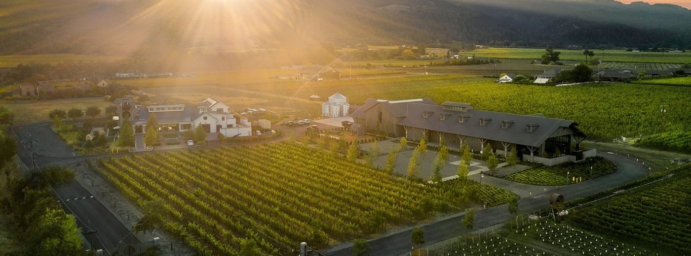 Estate 8 at ONEHOPE Wine aerial view at golden hour sunset — Rutherford, Napa Valley